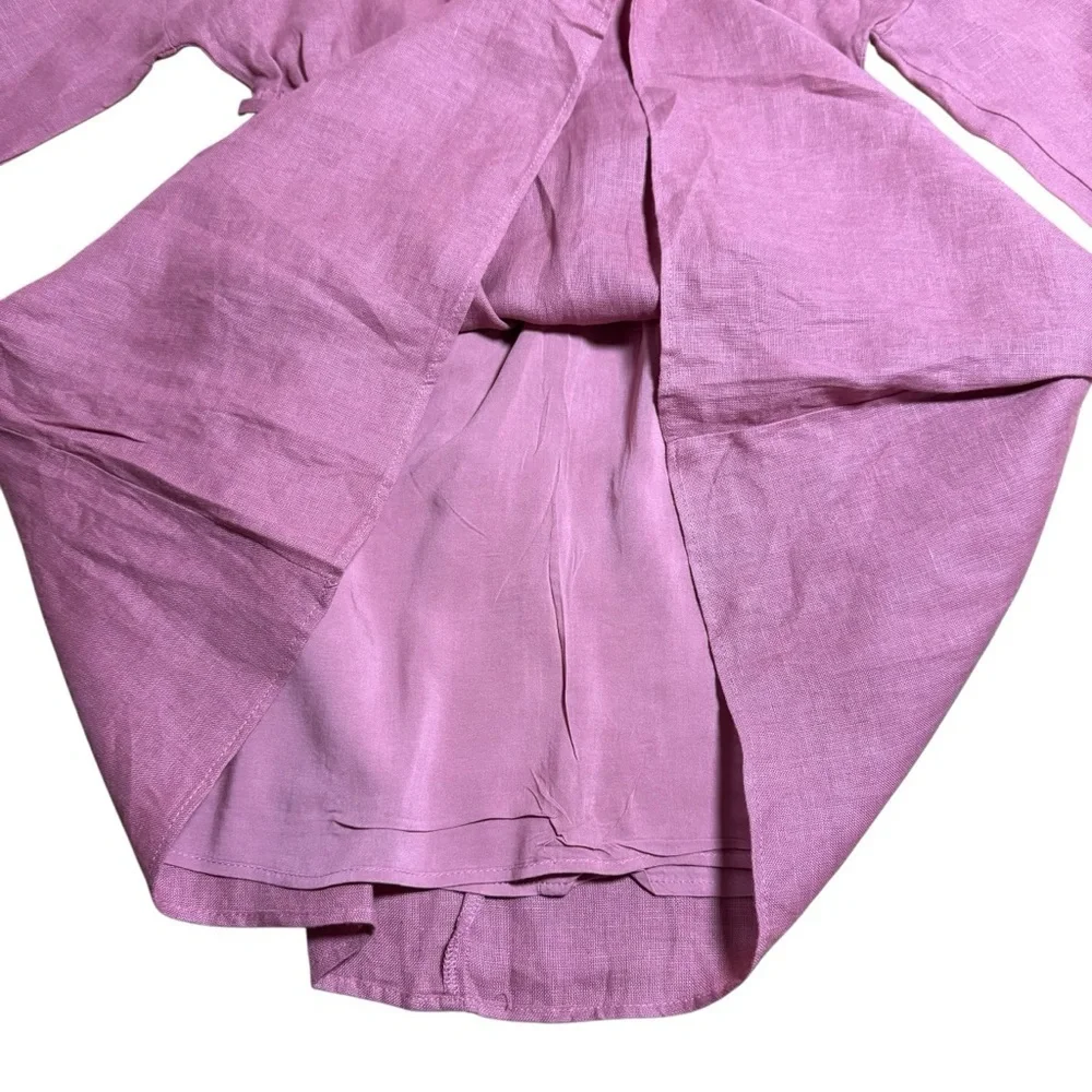 Zara Kids Girls Cut Out Belted Long Sleeve Linen Dress in Dark Pink- Size 11-12Y